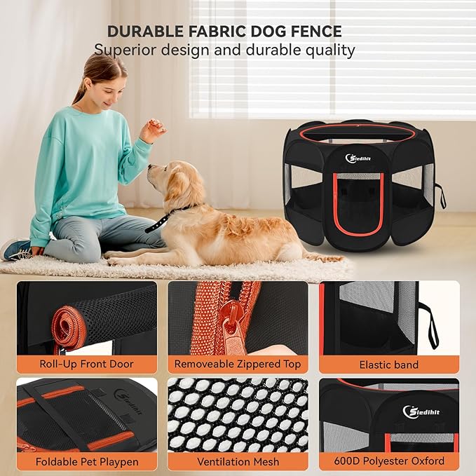 Siedihit Dog Playpen, Large Puppy Pet Playpen, Dog Crate Tent Cage Indoor/Outdoor, Portable Pop Up Dogs Kennel Playpen with Carrying Case for Dogs/Cats/Rabbitss, Black