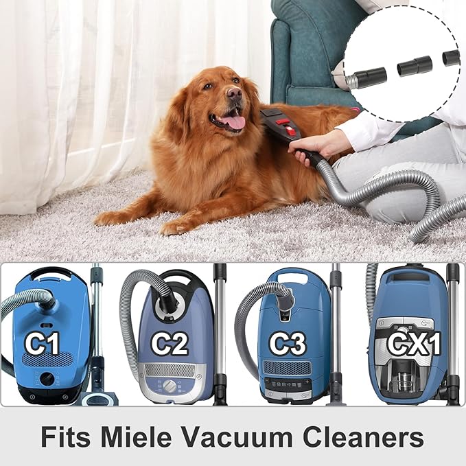 Dog Brush Vacuum Attachments Compatible with Miele Vacuum Cleaners, Pet Hair Shedding Grooming Tool for C1 C2 C3 CX1 Canister Vac, Long Extension Hose Adapter (1 3/8" 35mm)