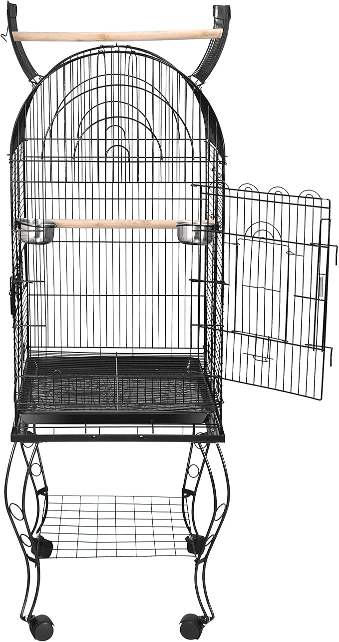 63.5" Rolling Bird Cage Open Top Large Iron Cage for Quaker Parrot Cockatiel Sun Parakeet Green-Cheek Conure with Rolling Stand & Storage Shelf