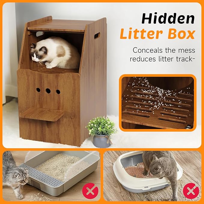Cat Litter Box Enclosure,Enclosed Litter Boxes Cabinet,Top Entry Litter Box Enclosure,Tall Hiden Litter Furniture,Wood Cat Toilet with Filter and Stairs for Indoor Cats,Dog Proof (Brown)