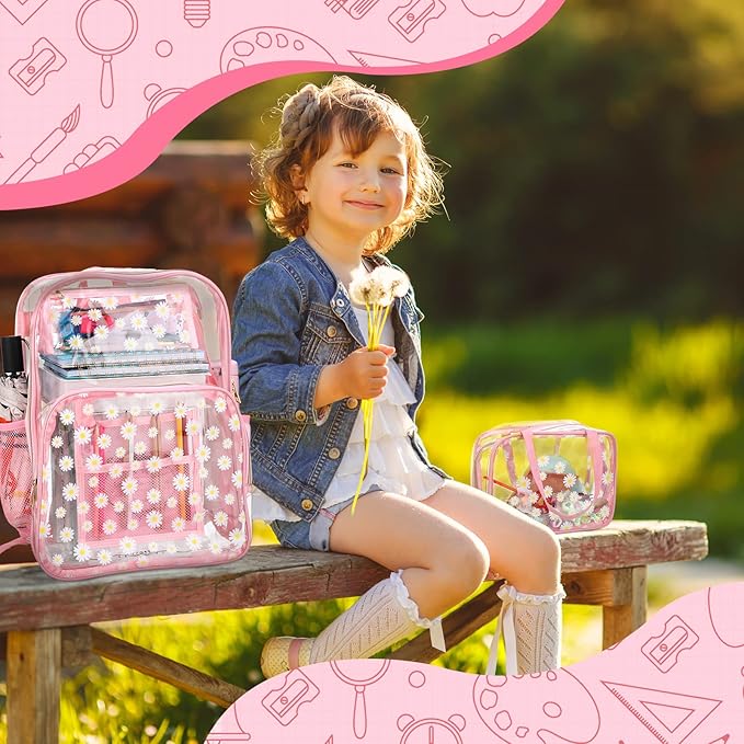 Kacctyen 3 Pcs Clear Backpack Heavy Duty Clear Stadium Bag Transparent Backpack with Lunch Bag(Pink,Daisy)