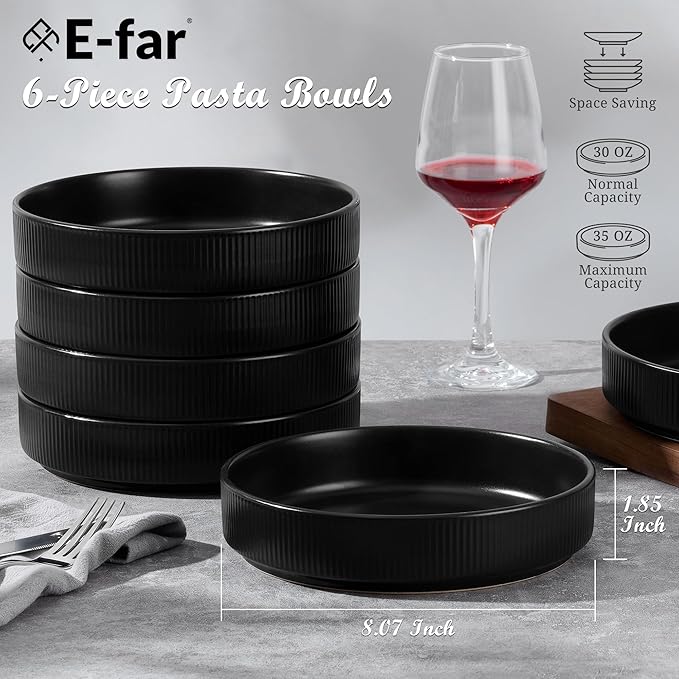 E-far Pasta Bowls Set of 6, 35oz Large Salad Bowl Plate for Dinner Serving Soup, Wide & Shallow Ceramic Stoneware Pasta Plates, Microwave & Dishwasher Safe, Reactive Glaze Texture-Stripe, Matte Black