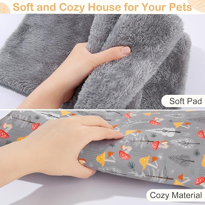 Glittme Guinea Pig Hideout with Curtain and Tunnel - Soft Bed with Cushion - Suitable for Guinea Pig, Hamster, Chinchilla, Bunny - Grey Mushrooms