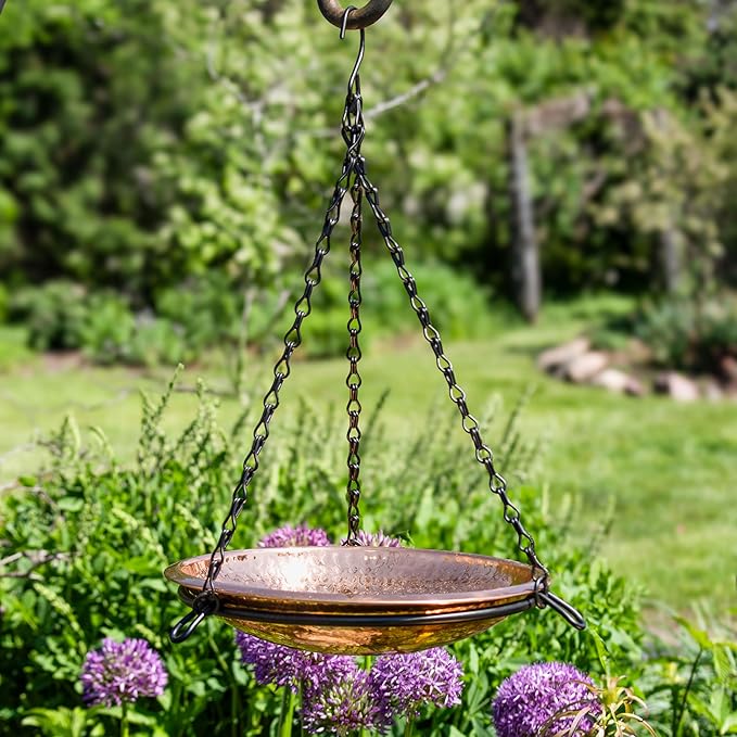 Sunnydaze Hand-Hammered Hanging Bird Bath/Feeder - Detachable Bowl with Hanging Chain - Copper Bird Bath Bowl - 17.5" H