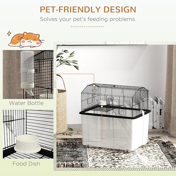 PawHut Hamster Cage, Gerbil Cage 2 Tier with Wheels, Deep Bottom, Ramp, Food Dish, Water Bottle, for Dwarf Hamster, 57 x 43 x 57cm - Black