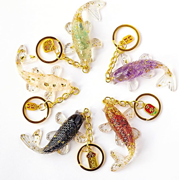 5 PCS Key Chain Natural Crystal Crushed Stone Resin Koi Fish Keychains Resin Handicrafts Car Bag Hangers Buckles Pendants Animal Gifts (5pcs-Fish, 1.37 ")
