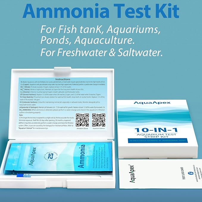 10-in-1 Ammonia Test Kit Aquarium (100 Strips): 50 Multi-Test + 50 Ammonia | Aquarium Test Strips for Freshwater & Saltwater. for Fish Tanks, Aquariums & Pond Water Test kit. Test Nitrate, pH & More