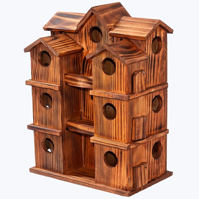 MIXUMON Wooden Bird Houses for Outside – 15 Rooms Multi-Chamber Bird House, Carbonized Pine Rustic Finish, 1.57" Entrance Holes, Individual Cleaning Doors, Decorative Outdoor Bird Nesting Box