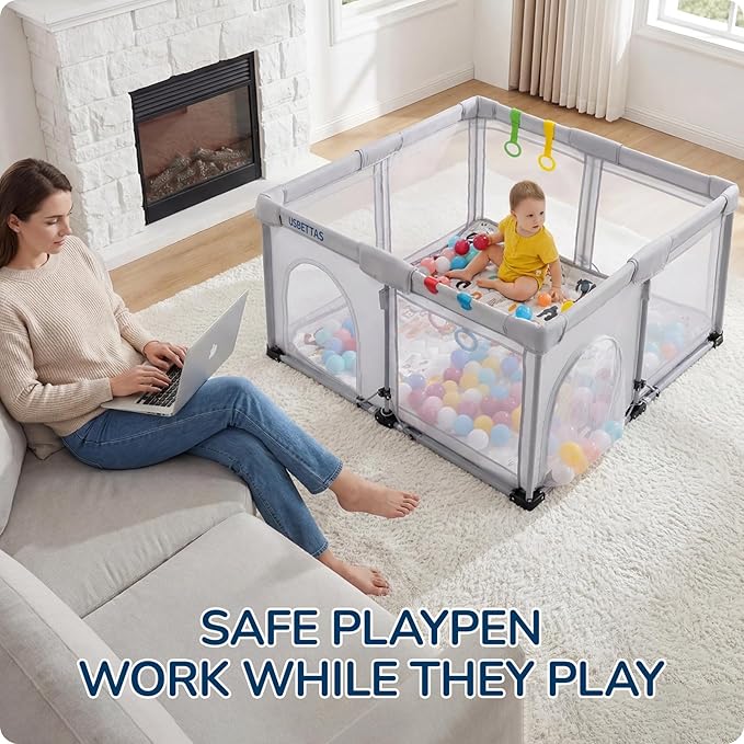 Foldable Baby Playpen with Mat, 1-Minute Setup, Lightweight Portable Playpen with Carry Bag, 50"x50" Indoor Outdoor Safty Play Yard for Babies & Toddlers, Light Gray