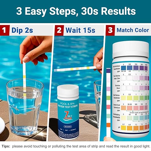 Upgraded 2026 7-in-1 Hot Tub & Spa Test Strips | Fast & Accurate Results in 15 Seconds | Pool Test Strips & Water Testing Kit for Cyanuric Acid, ph,Chlorine,Bromine,Total Alkalinity&Hardness |100ct