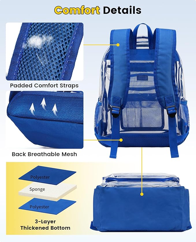 Vorspack Clear Backpack for School - Heavy Duty See Through Bookbag for Girls Boys Large Transparent Backpacks for Work, Travel - Blue