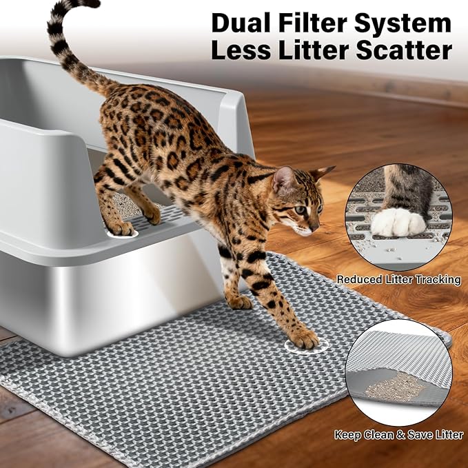 2PACK Stainless Steel Litter Box, Extra Large Cat Litter Boxes for Big Cats, XL Metal Cat Litter Box with High Sides Lid, Anti-Urine Leakage, Non-Sticky, Scoop and Mat Included