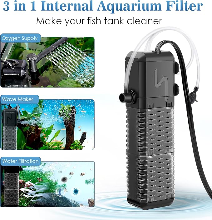 AQQA Submersible Aquarium Filter, Adjustable Flow with Aeration System | Ultra Quiet, Biochemical Sponge Filtration, Fish Tank Filter Built-in Rainfall Aerator, Fits Tanks Up to 70 Gallon, 211GPH