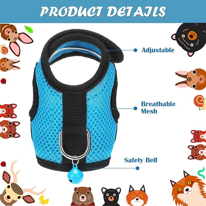 SATINIOR 2 Sets Guinea Pig Harness and Leash Adjustable Soft Mesh Harness Bell No Pulling Comfort Vest for Baby Ferret Rats Hamster Bunny Rabbit Chinchilla and Small Pet(Blue, Black,L)