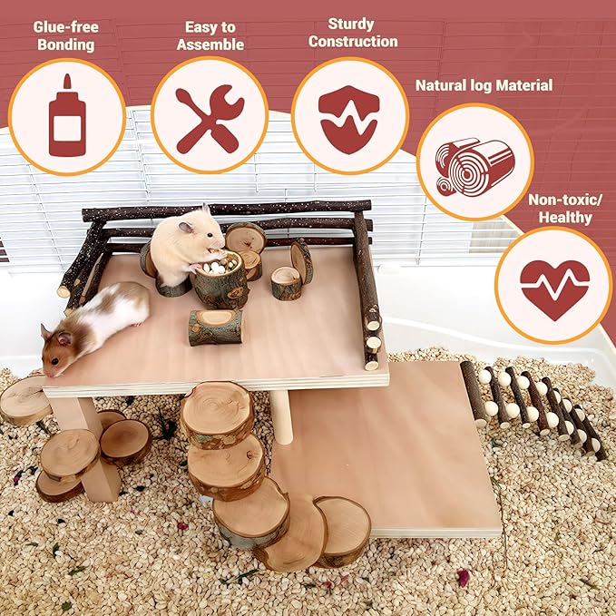 VolksRose Wooden Hamster Playground Platform, Hamster Climbing Toy, Natural Living Climb System, Small Animals Activity Set with Ladder Food Bowl Ramp Bridge for Mouse Gerbil Rat Chinchilla