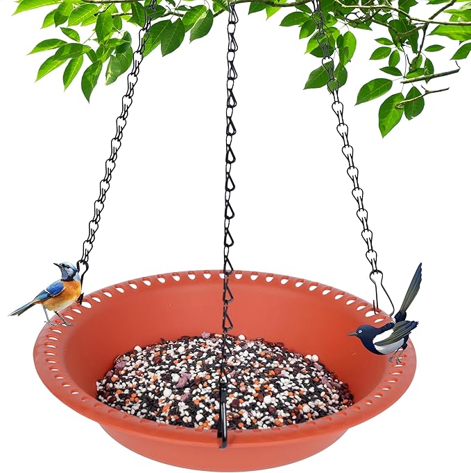 Hanging Bird Feeder Tray 12 inch with Drainage Holes Fit Most Seed, Bird-Feeder Hanging for Garden Yard Outside, Terracotta
