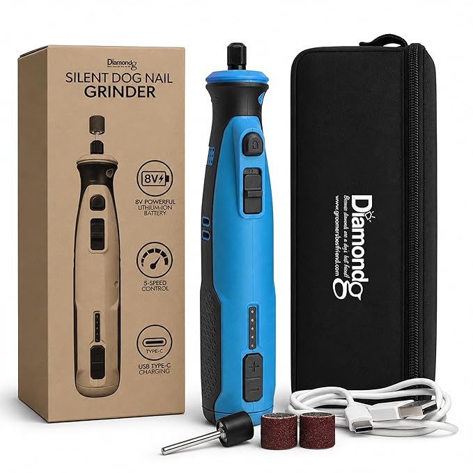 Diamondg Cordless Dog Nail Grinder with Quiet Sound & LED Tip for Large & Small Dogs, 4hrs. Runtime - Electric Dog Nail Trimmer, Heavy Duty Rotary Tool Alternative to Toenail Clippers & Filers
