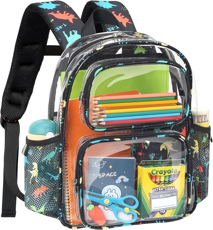 Clear Backpack for Boys, 15 Inch Heavy Duty Transparent Bookbag for Kindergarten to 2nd Grade, PVC See Through Daypack with Reflective Straps, Fits Standard Folders, Black Dinosaur