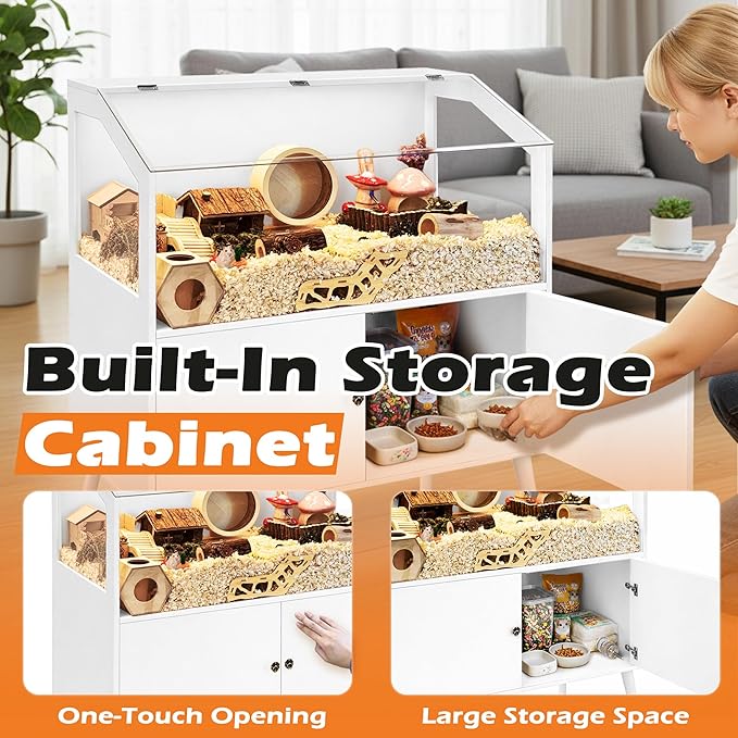 PROLEE Hamster Cage with Storage Cabinet,Large Hamster Encloure Chew Proof Wood,Clear View Hamster Habitat for Guinea Pig, Ferret, Rat, Hedgehog, 40" L x 20" W x 47" H (White)