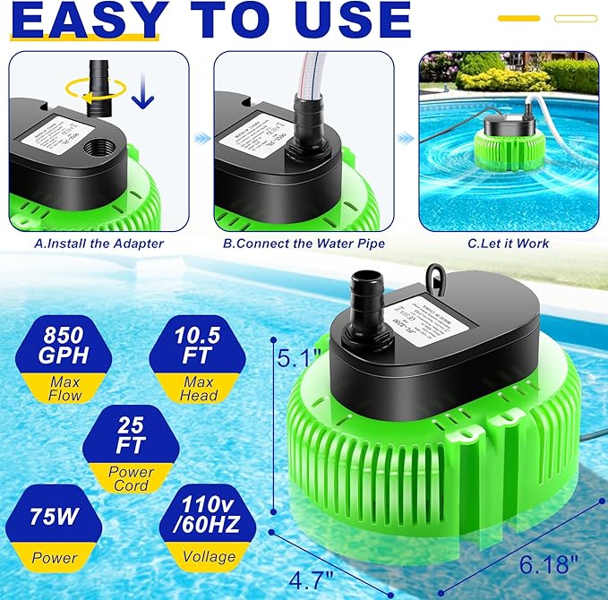 Pool Cover Pump above Ground-Submersible Sump Pump Swimming Water Removal Pumps, Sump Pumps for Pool Draining with 16ft Drainage Hose & 25 ft Extra Long Power Cord,850 GPH,3 Adapters-Green