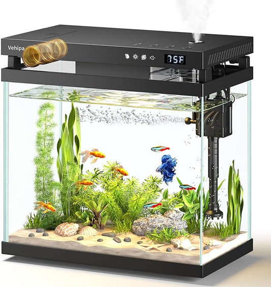Vehipa Fish Tank, 2.2 Gallon Smart Aquarium, Small Fish Aquarium Kits with Smart Humidifier, Auto Feeder, Silent Water Pump, Temperature Display & 7-Color Lighting, for Office & Home - Black