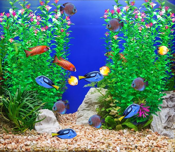 2 pcs Aquarium Decor Plants 21 Inches Extra Large Artificial Plastic Fish Tank Plants with Flowers, Tall Fish Tank Decoration for Betta Fish Tank