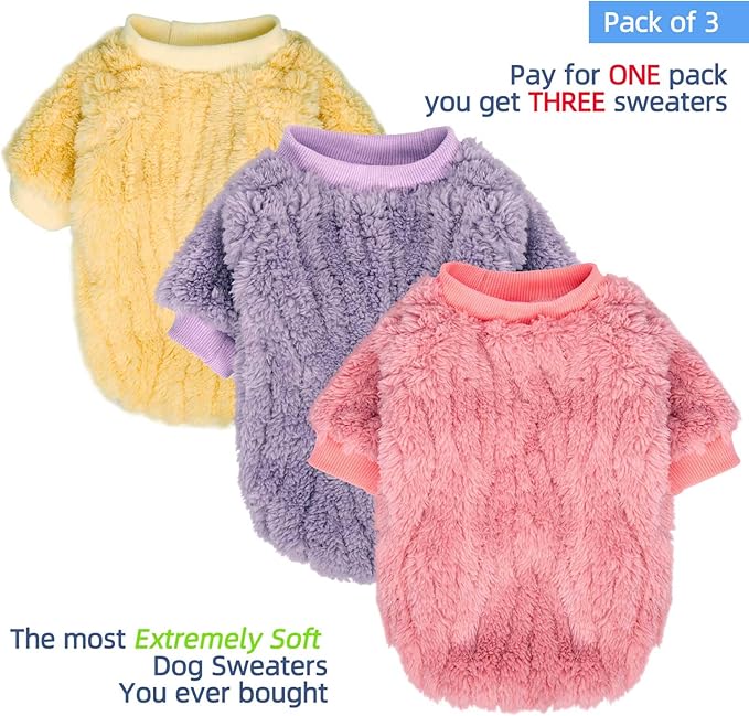 FabriCastle Dog Sweater, 3-Pack Dog Clothes & Coat, Pet Jacket for Small or Medium Dogs Boy or Girl, Soft and Warm Cat Sweaters Doggy Apparel Costumes Christmas (Lavender,Pink,Butter Yellow, Large)
