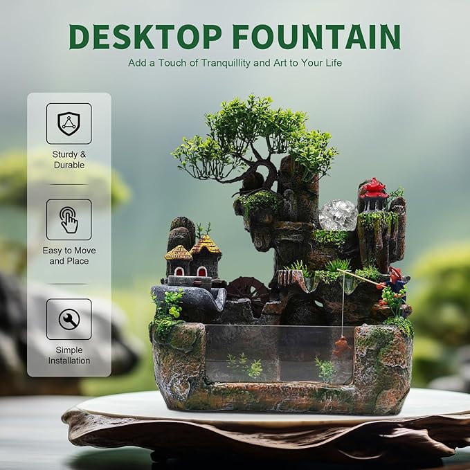 Indoor Fountain Rockery Tabletop Fountain with an Atomizer Elaxation | Water Feature Meditation Desktop Fountains for Home Office Decor or Gift 11.8'' x 7.87'' x 14.9'' with LED Light