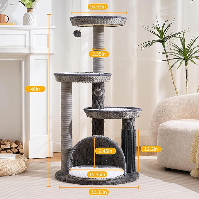 HITTITE Modern Cat Tree Tower with Scratching Post, 46 Inches Tall Cat Towers with Woven Cat Nests and Cave, Multi-Level Cat Tree With Removable Cushions and Massage Brush for Indoor Cats Large Adult.