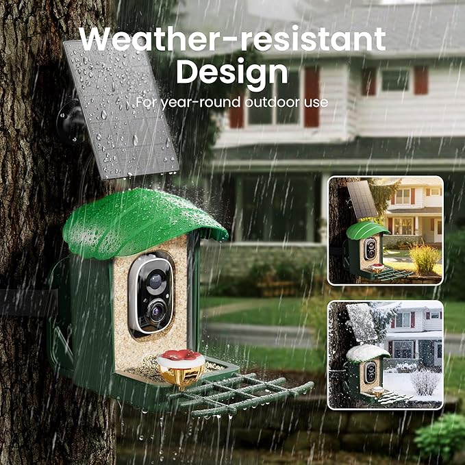 Smart Bird Feeder with Camera, 3K HD Live Stream, AI Species Identification, Solar Powered, Instant Motion Alerts, IP65 Weatherproof Outdoor Gifts for Bird Lovers, Green