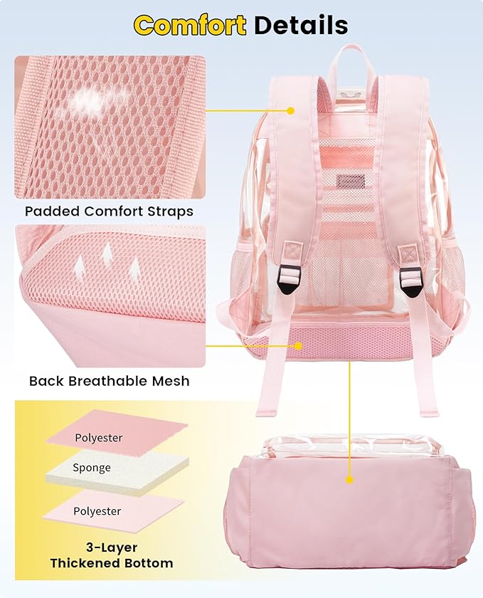 Vorspack Clear Backpack for School - Heavy Duty See Through Bookbag for Girls Boys Large Transparent Backpacks for Work, Travel - Pink