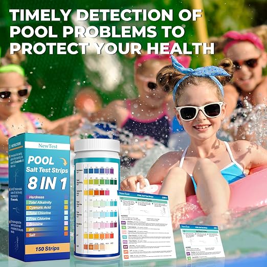 Pool Salt Test Strips: 150CT 8 in 1 Professional Pool Test Strips | Quick Accurate Results Saltwater Pool Testing Kit for Salt Water Pool & Hot Tub & Spa & Swimming Inground Pools