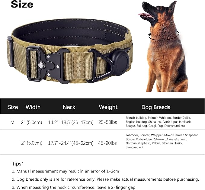 AirTag Dog Collar, 2" Wide Tactical Military Army Dog Collar with AirTag Holder & 3 Pet Patches, Soft Padded Reflective Waterproof Nylon Collar with Metal Buckle for Medium Dogs (Khaki, M)