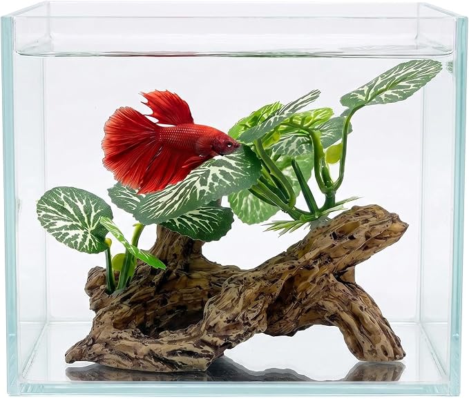 Aquarium Driftwood Decor 4 Inch - Resin Driftwood with Silk Plant Leaves, Fish Tank Decoration for Betta, African Dwarf Frog, Shrimp Hideout