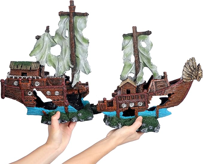 XXL Shipwreck Aquarium Large Decorations Ornament w/Sail (2 Pieces) 20 Gallons high and Larger Fish Tank, Sunken Ship Decoration Ornaments, Pirate Boat, Resin, Freshwater Saltwater Decor