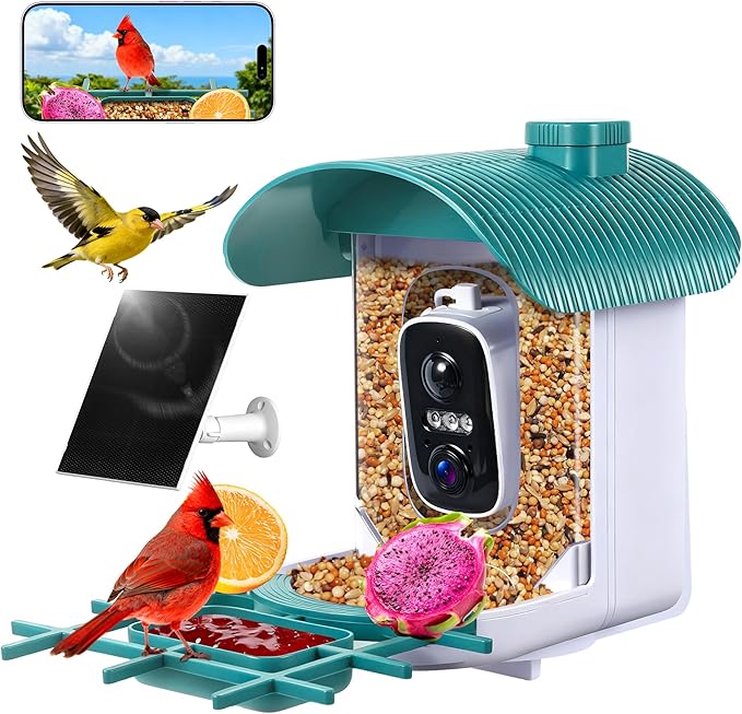Smart Bird Feeder with Camera : 2K HD Video Live Stream, AI Birds Species Identification ＆ Instant Arrival Alerts, Solar Bird Feeder Camera for Outdoor Backyard, Ideal Gifts for Families nature lovers