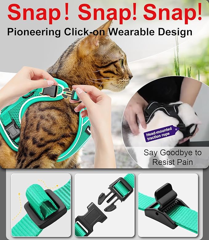 Cat Harness and Leash for Walking Escape Proof Soft Adjustable Cat Leash Breathable Comfortable Vest Easy to Wear Kitten Harness for Outdoor Travel (Emerald, XS (4-6lb))