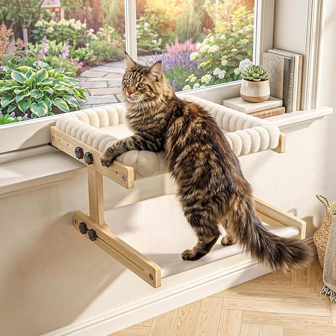Cat Perch for Window XiaZ Cats Hammock Indoor Cat Bed for Window Adjustable Wooden Frame W/Soft Warm Plush-Lined Cushion Perfect for Bird Watching Sunbathing Space-Saving Easy Install Double Layer