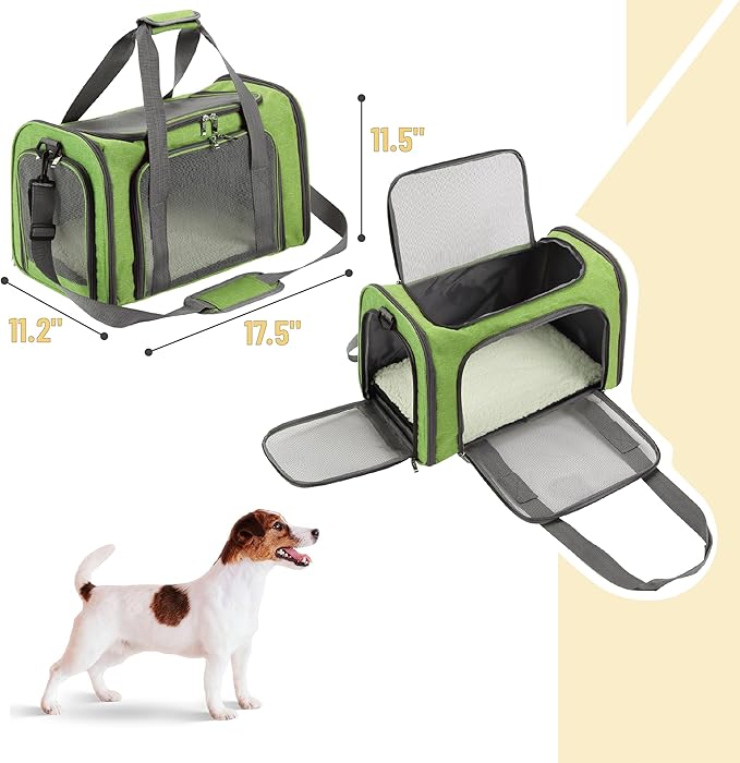 Mr. Pen- Pet Carrier, 17.5" x 11.2" x 11.5", Medium Size, Green, Portable Travel Carrier for Small Pets, Cats & Small Dogs, Breathable Mesh, Safety Inner Leash, Side Pocket & Padded Shoulder Strap
