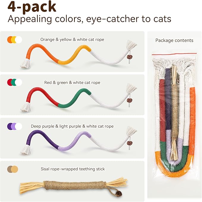 Cat Toys for Indoor Cats Chew Ropes 3Pcs, Silvervine Stick 1Pcs with Gall Fruit, Interactive Catnip Toy for Kittens Dental Care Teeth Cleaning