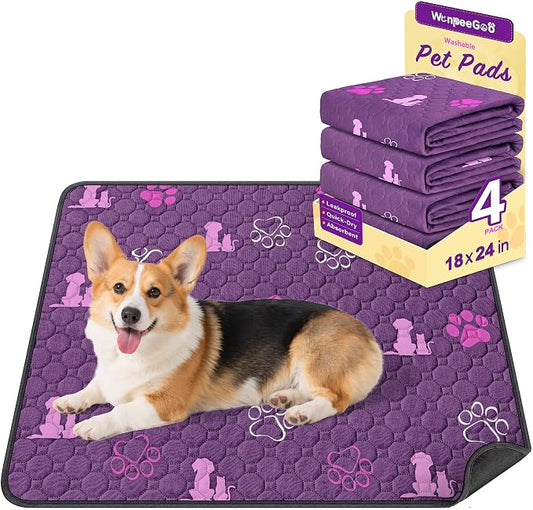 WanpeeGoo Washable Pee Pads for Dogs, 4 Pack Absorbent Reusable Training Dog Pads Pet Puppy Pads, Non-Slip Potty Pads for Whelping, Playpen, Crate, Bed, Purple 18"x24"