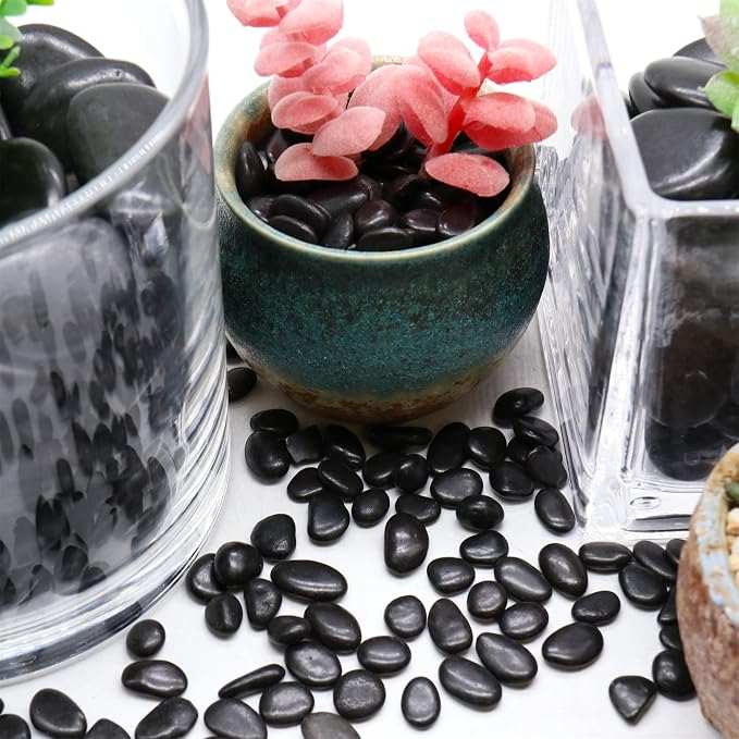 Black Polished Rocks for Plants, Decorative Pebbles, 1/5 Inch, 2 lb
