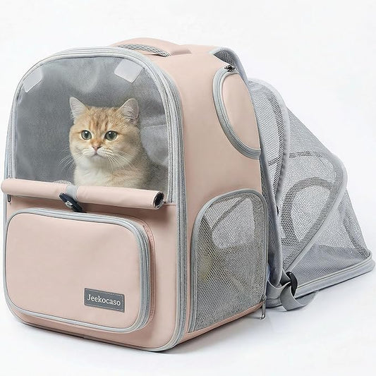 Cat Backpack Carrier Expandable, Breathable Mesh & Lockable Zippers & Shaded Curtains & Multi-Entry, Pet Backpack for Kitty Puppy Small Dogs Up to 18lbs for Travel, Hiking, Car, Vet(Khaki)