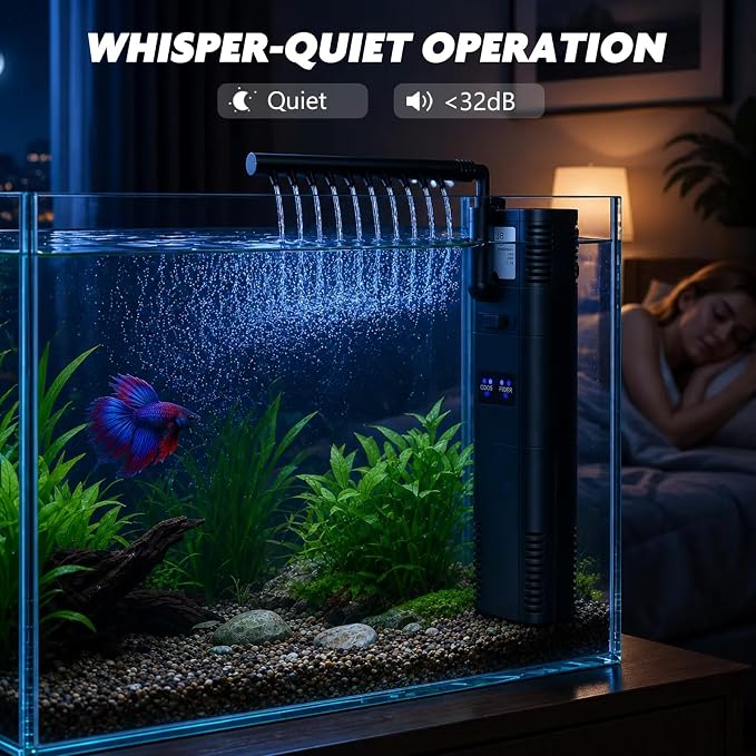 TARARIUM Small Aquarium Filter U-V for 10-30 Gallon Tank,118GPH Fish Tank Filters for Betta Fish Tank Green Clean Machine, Internal Pump Filter for Turtle Tank Saltwater Freshwater Crystal Clear | Adjustable flow rate