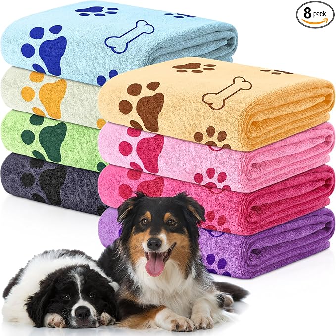 Chumia 8 Pcs Dog Towels for Drying Dogs Cats Pet Towels Bulk Puppy Microfiber Fast Drying Paw Bath Bathing Supplies Absorbent for Medium Pets(40 x 24 Inch,Dog Paw and Bone,Sweet Color)