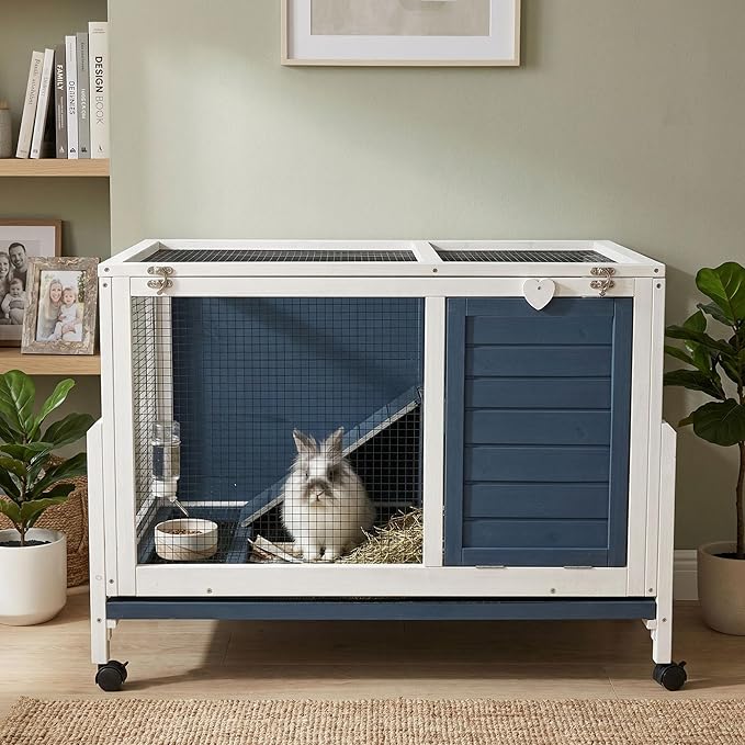RUNSHED Two Floors Wooden Indoor Bunny Hutch Rabbit Cage on Wheels Guinea Pig PET House for Small to Medium Animals Waterproof No Leak Tray