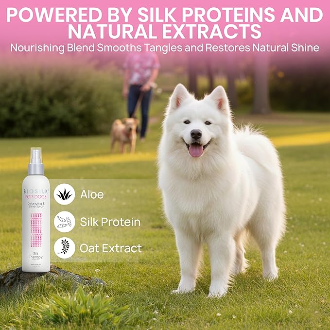 BioSilk for Dogs Silk Therapy Detangling and Shine Protecting Spray, pH Balanced Leave-In Mist with Silk and Vitamins for Dematting, Paraben-Free, All Coats and Breeds, 8 Fl Oz