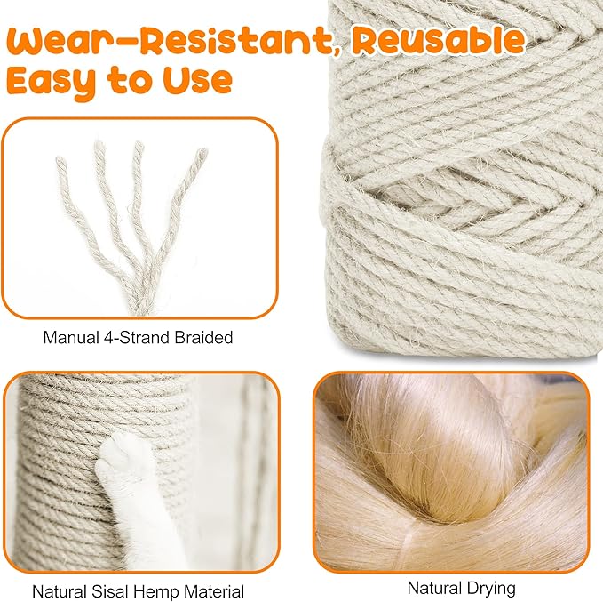 98FT/30M Cat Scratching Sisal Rope, 6mm 1/4 inch Thick Natural Jute Rope for Scratch Posts, Cat Trees, DIY Projects, Sisal Rope for Cat Scratcher with 2 Cat Mouse Toys (White, 98ft)