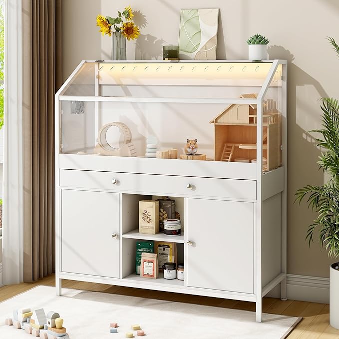 Pipleo Hamster Cage with Storage Cabinet,43.3" Small Animal Cage with LED Lights and Fan, Easy View Acrylic Panel, Large Habitat for Guinea Pig, Hedgehog,Rat 43.3"x 15.7"x 43.3"