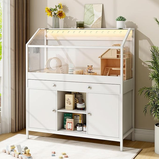 Pipleo Hamster Cage with Storage Cabinet,43.3" Small Animal Cage with LED Lights and Fan, Easy View Acrylic Panel, Large Habitat for Guinea Pig, Hedgehog,Rat 43.3"x 15.7"x 43.3"